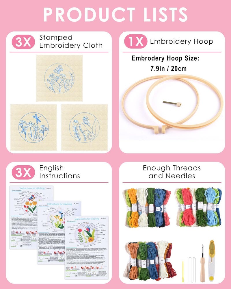 TINDTOP 3 Sets Punch Needle Kits, Flowers Punch Embroidery Kits for Adults Beginner, Tool with Punch Needle Fabric, Hoops, Yarns and Sewing Needles - Image 2